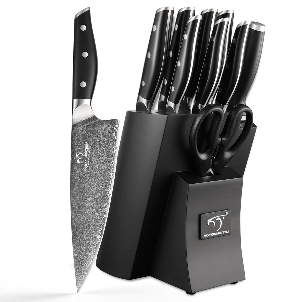 Damascus Knife Set with Block for Kitchen, VG10 Steel Chef Knife Set with Triple-Rivet Handles, Knife Sharpener, Natural Ash Wooden Knife Block, 10PCS