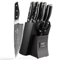 Damascus Knife Set with Block for Kitchen, VG10 Steel Chef Knife Set with Triple-Rivet Handles, Knife Sharpener, Natural Ash Wooden Knife Block, 10PCS