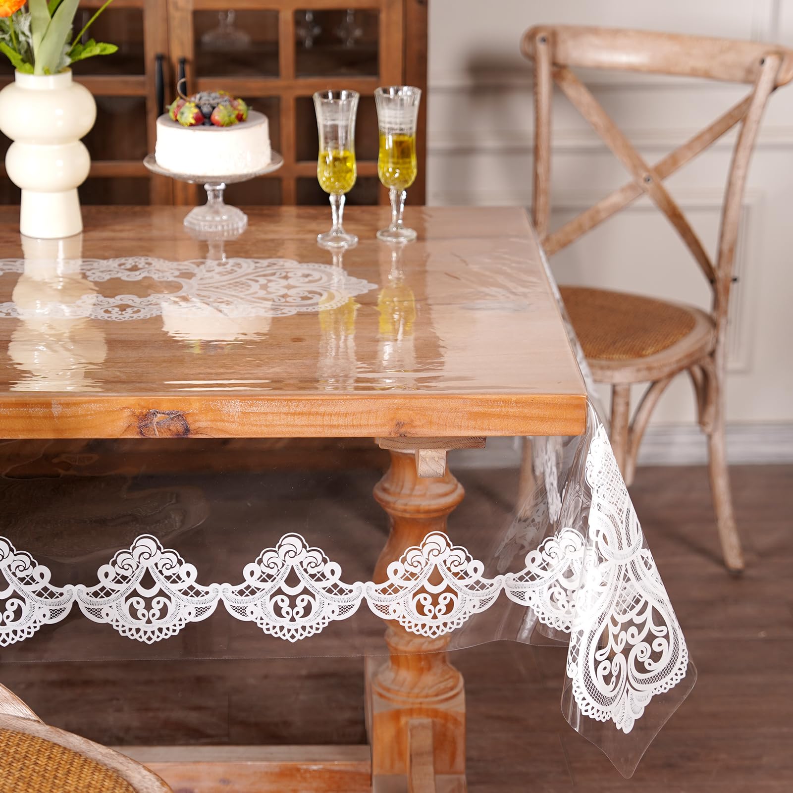 Artbloss Clear Table Cover Protector Vinyl Table Cloth Rectangle Oil Spill Proof Vintage Rustic Plastic Table Covers for Dining Tables (White Lace, 60 x 84 Inches)
