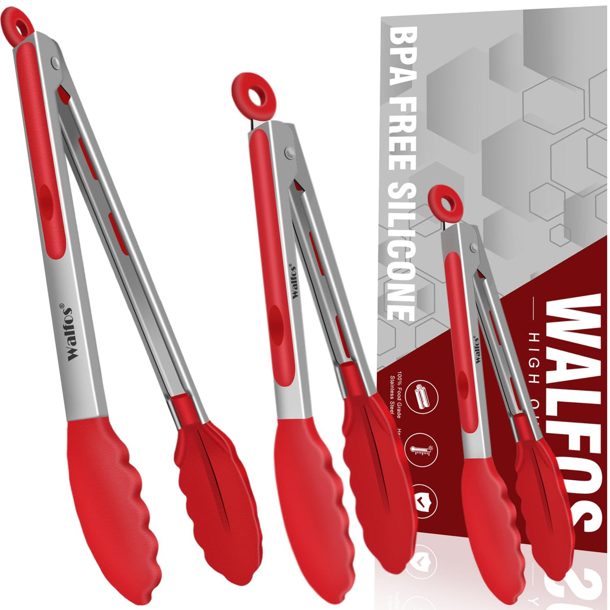 Walfos tongs for cooking, All Metal Kitchen Tongs 600℉ Heat Resistant, Heavy Duty Locking Tongs 2-piece 12 Inch