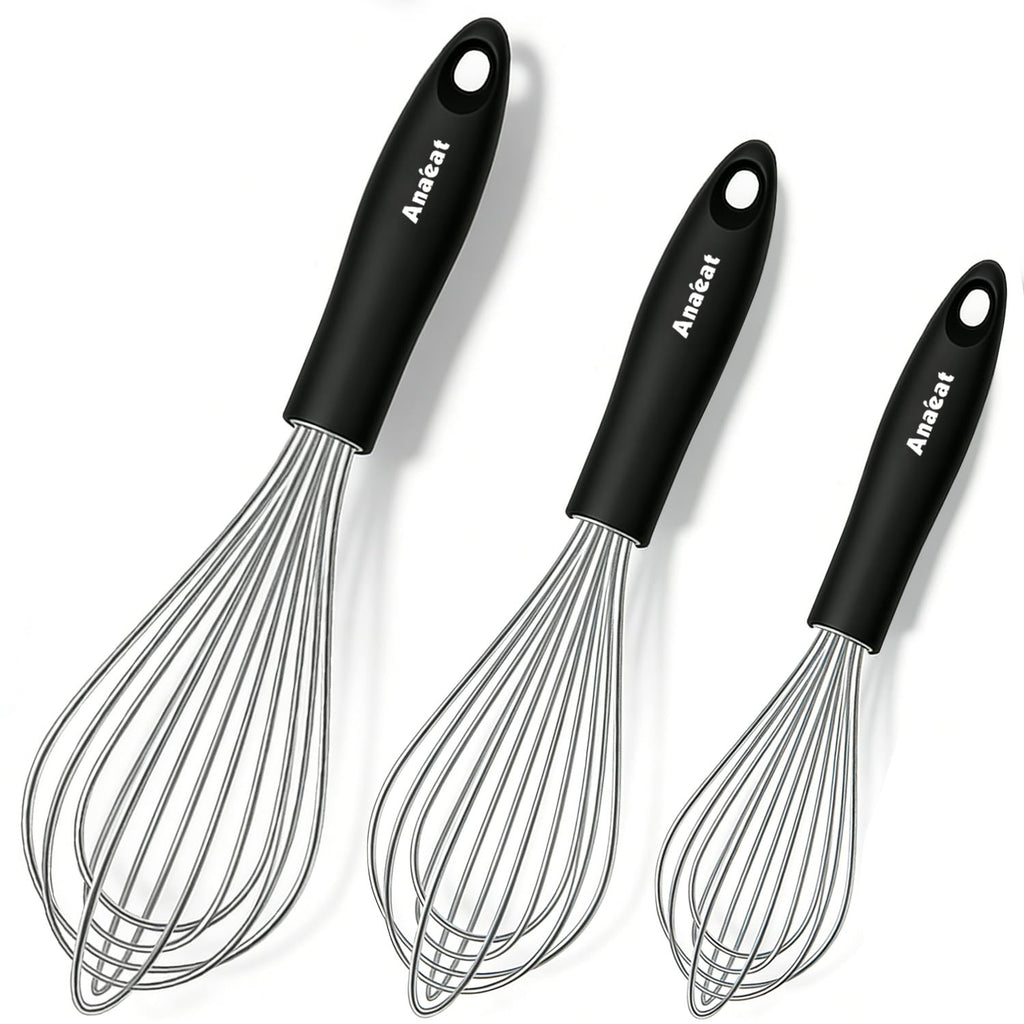 Anaeat Silicone Balloon Whisk, Perfect for Non-Stick Cookware, Milk and Egg Beater Blender, Heat Resistant Kitchen Whisks for Whisking, Cooking, Baking, Beating, Frothing & Stirring (Black)
