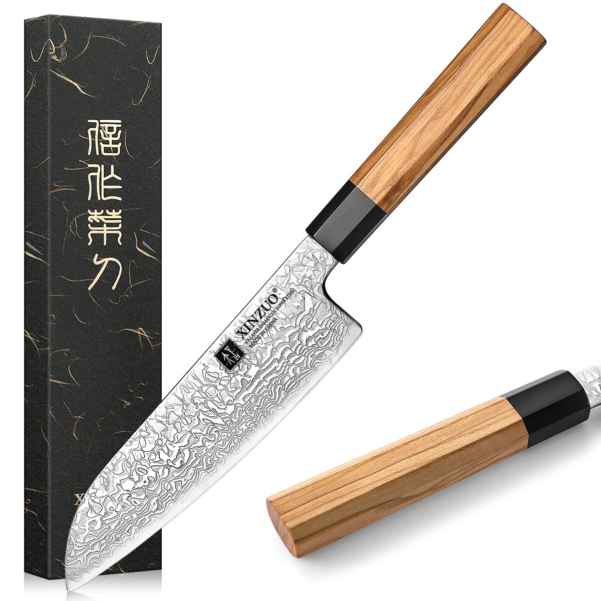 XINZUO 5 Pieces Kitchen Knife Set without Block, Hand Forged 67 Layers Damascus Steel Professional Chef Knife Set,Ultra Sharp,Olive Wood Octagonal Handle