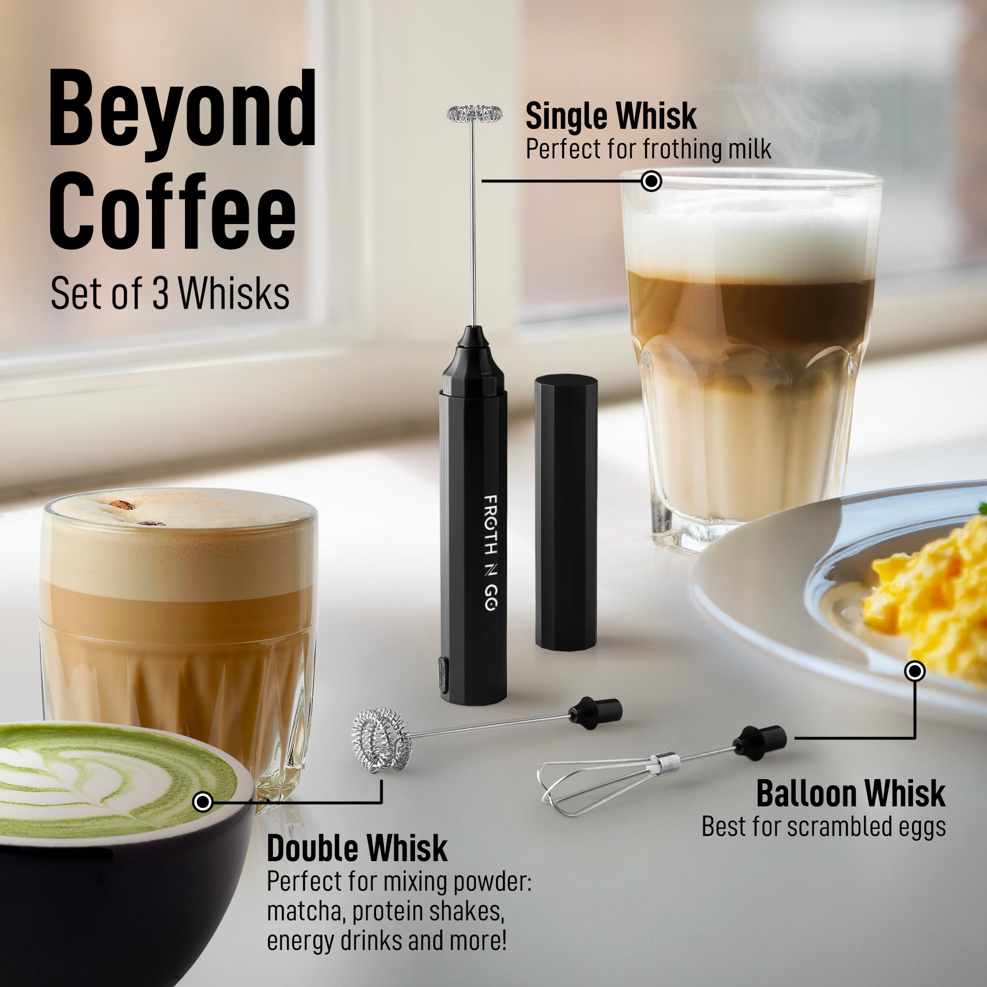 Zulay Rechargeable Milk Frother – 3-in-1 Handheld Frother Wand with Travel Case & USB-C Charger – Single, Double & Egg Whisk for Latte, Cappuccino, Matcha, Protein Shakes - Froth N Go Deep Black