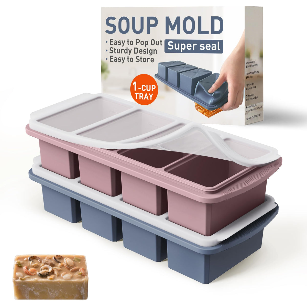 Silicone Freezer Tray with Lid Soup Freezer Container Molds with Steel Reinforced Rim for Freezing Soup Sauce Broth Leftovers large Ice Cube Molds Oven Dishwasher Safe Ice Trays for Freezer with Bin