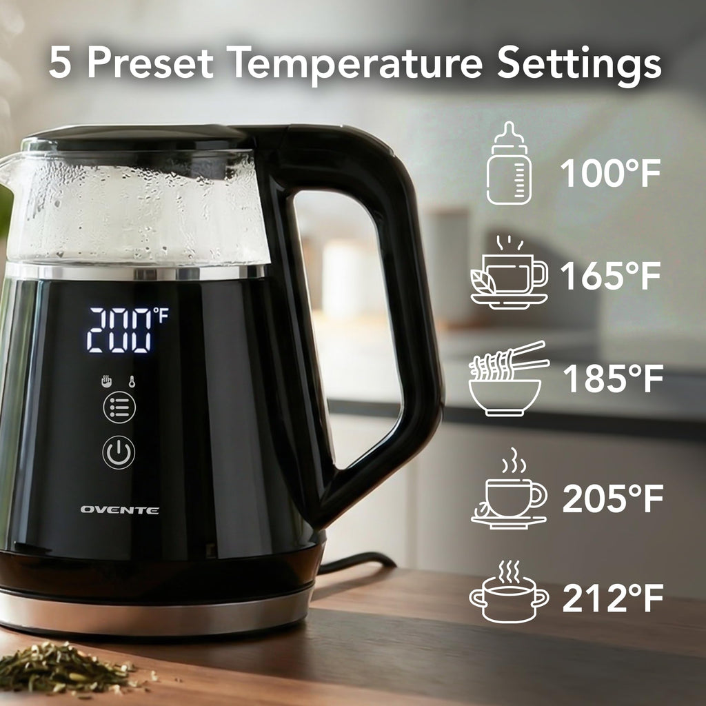 OVENTE 1L Electric Kettle with Temperature Control, 1500W, Black KD95B