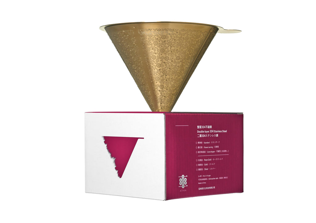 ATHIA Golden Dripper Reusable Stainless Steel Coffee Filter Paperless Cone Filter for Drip Coffee Makers Eco-Friendly Easy Clean Compatible with Most Coffee Makers (Golden, Cone Shape)
