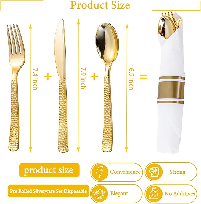 WELLIFE 100 Pack Gold Plastic Silverware, Pre Rolled Silverware Set Disposable,Plastic Cutlery Includes: 100 Forks, 100 Knives, 100 Spoons, 100 Napkins, Cutlery Set Disposable for Party