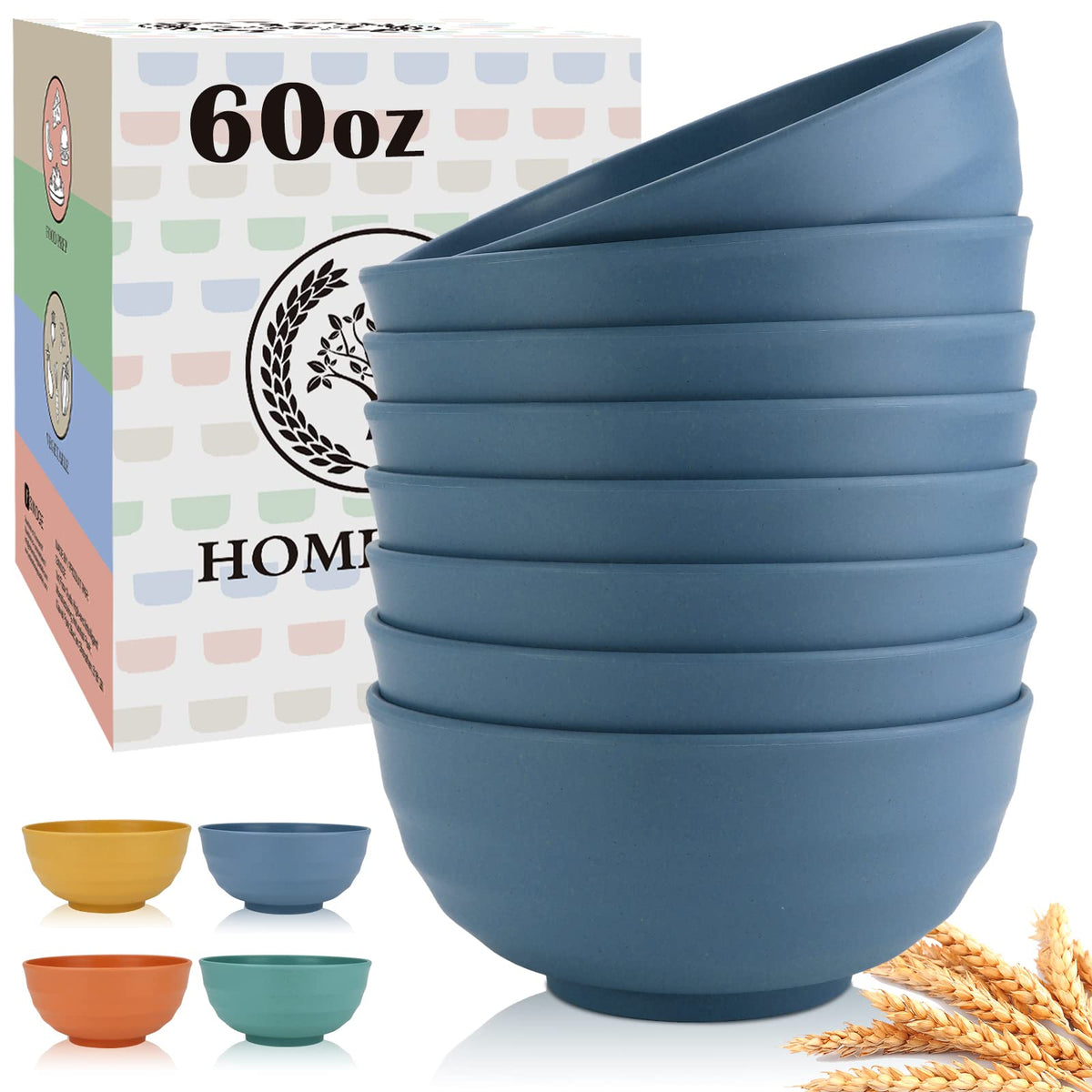 Homienly Soup Bowls, Cereal Bowl, Premium Wheat Straw Bowls Set of 8, Unbreakable Plastic Bowls Microwave Safe, Dishwasher Safe Serving Bowl for Kitchen, Breakfast, Dinner, Salad, Poke (Blue, 26 OZ)