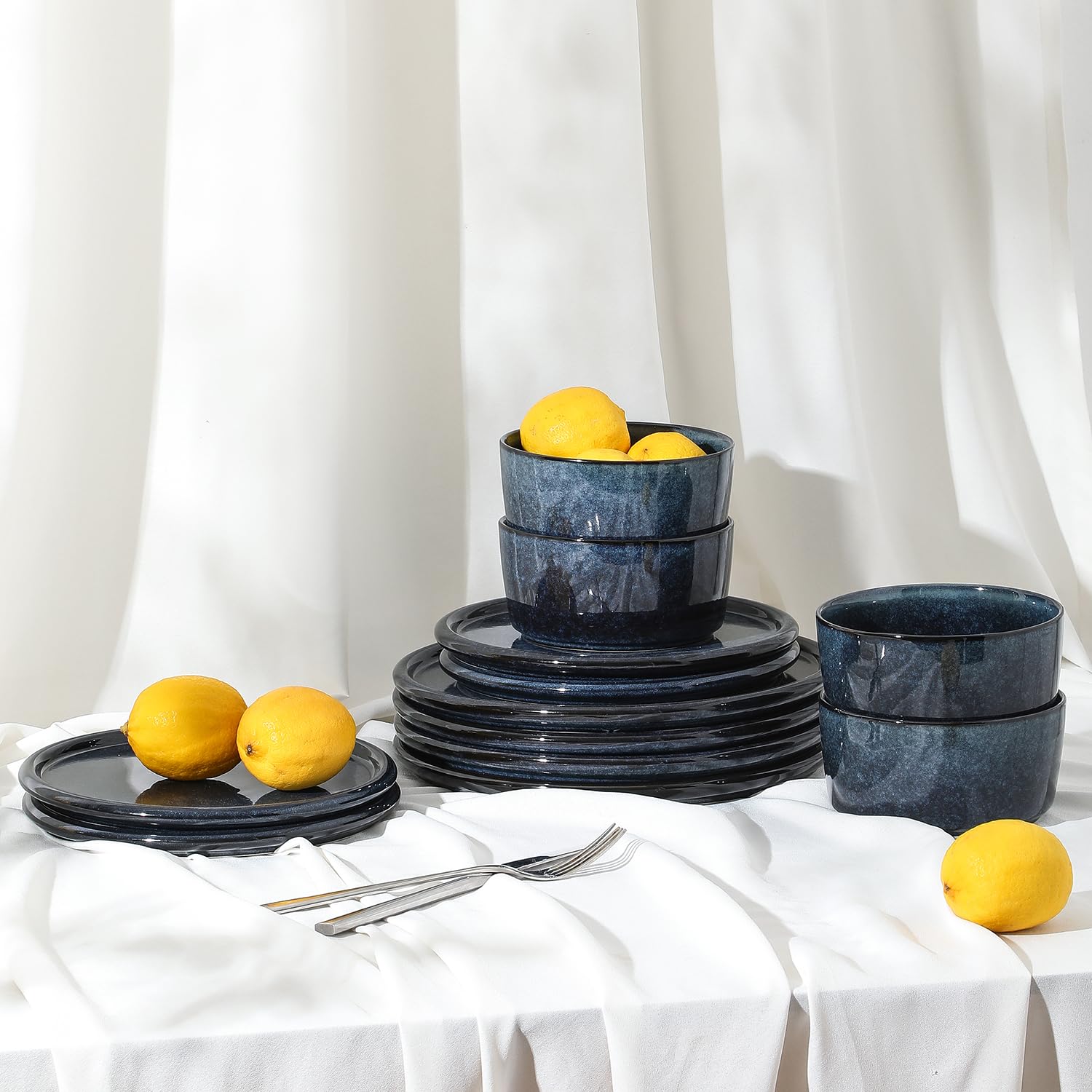 Stone Lain Eden 24-Piece Dinnerware Set Stoneware, Plates and Bowls Set, Dishwasher and Microwave Safe Dish, Dish Set for 8, Dark Blue
