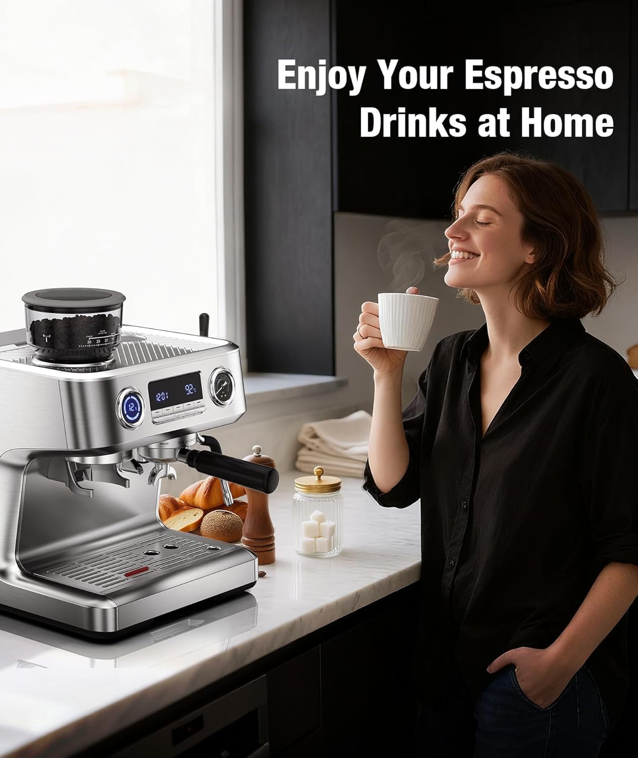 Kndko 20 Bar Espresso Machines with Grinder, Double Boiler Espresso Maker with Milk Frother Steam Wand, Programmable Coffee Maker for Home Cappuccino Latte & Americano
