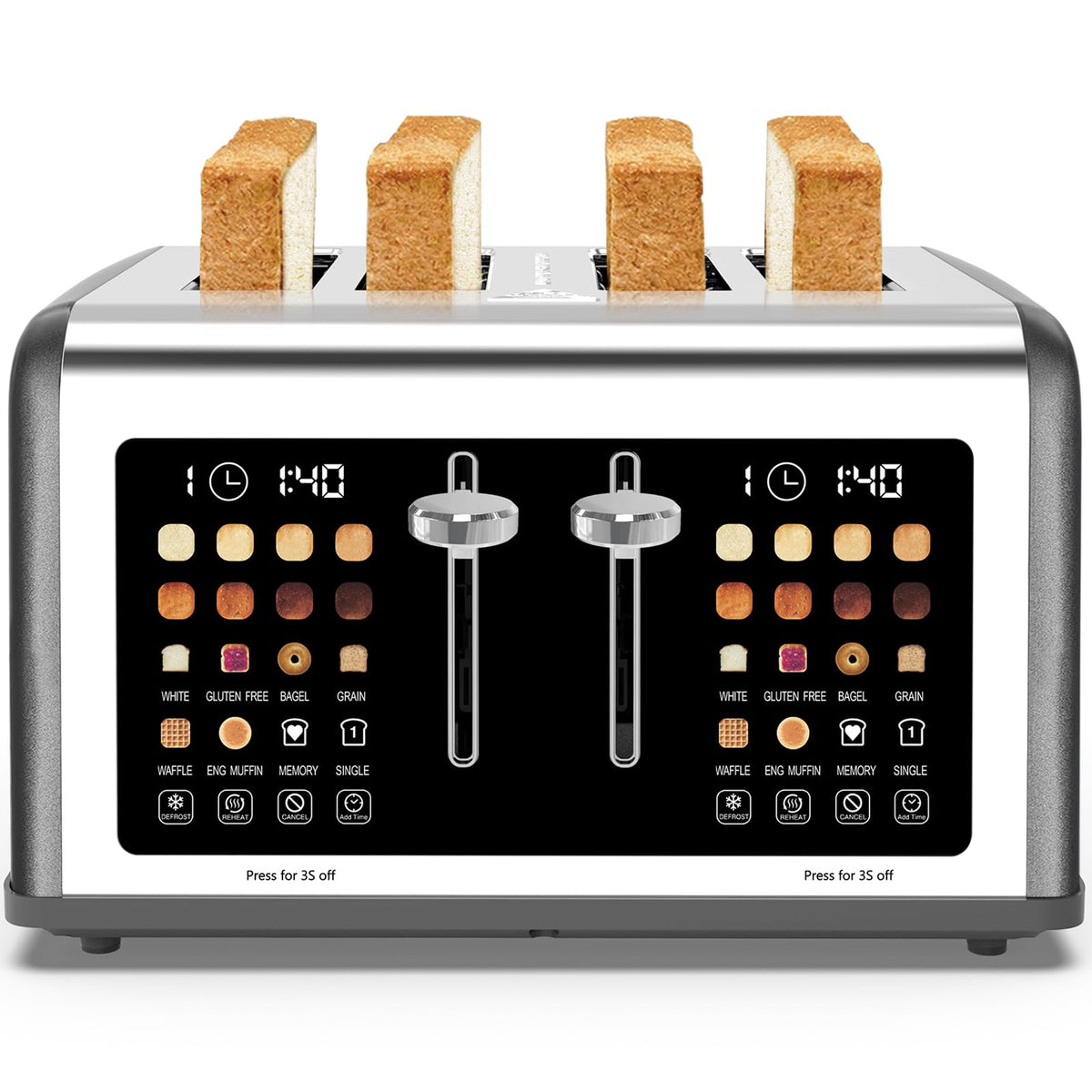 4 Slice Toaster Touch Screen, Stainless Steel Toasters Digital Timer, Dual Control Panel Toasters, 8 Shade Settings 6 Bread Types for Bagel, Cancel, Defrost 1650W Grey