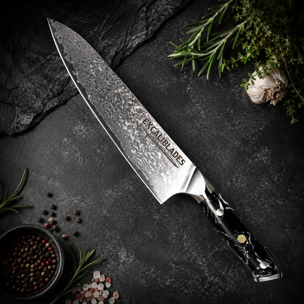 EXCALIBLADES 8” Chef Knife – VG10 Damascus Steel Kitchen Knife, Razor Sharp Professional Cooking Knife with Ergonomic G10 Handle, Luxury Gift Box & Sheath, Gift for Home Chefs