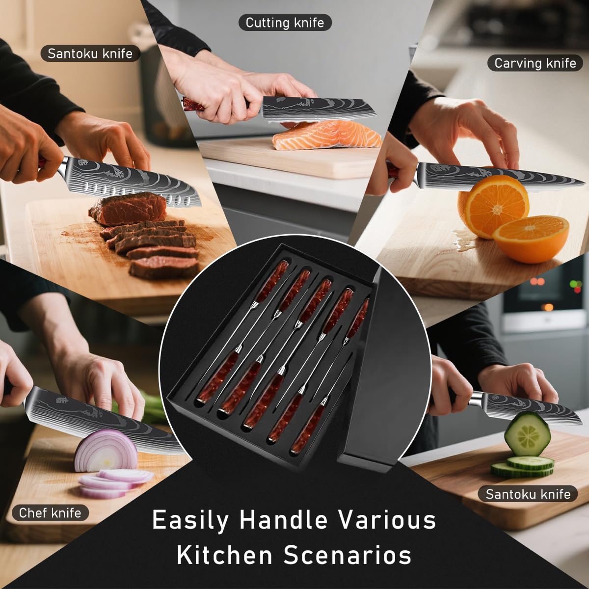 FIVE COWS 10-Piece Premium Japanese Kitchen Knife Set - Star Collection, Laser Damascus Pattern, 440A Stainless Steel Ultra Sharp for Fast Cutting (Red)
