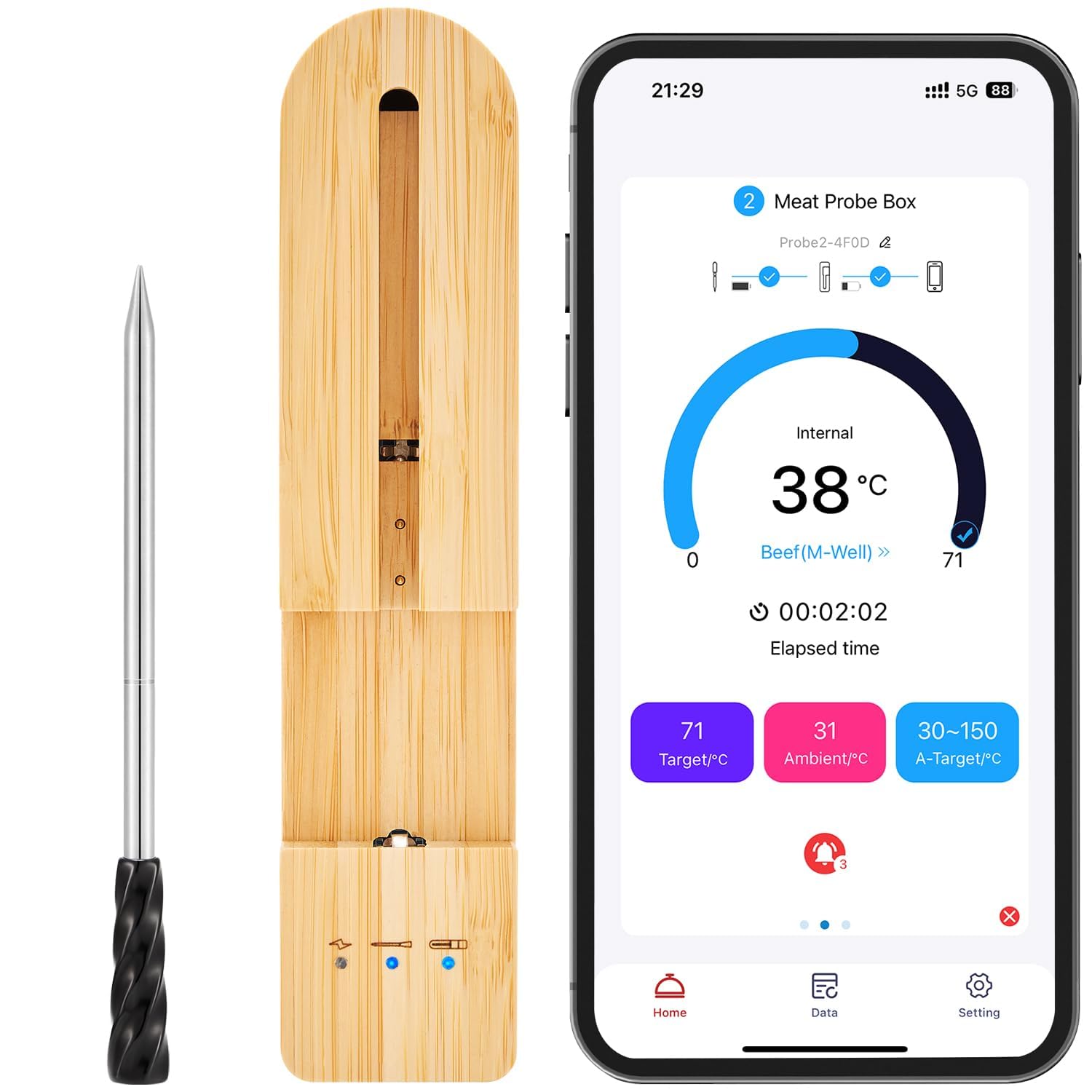 Wireless Smart Meat Thermometer with Bluetooth | Long Range | Measures Internal & Ambient Temp | for BBQ, Oven, Grill, Kitchen, Smoker, Rotisserie (DEEP Black)