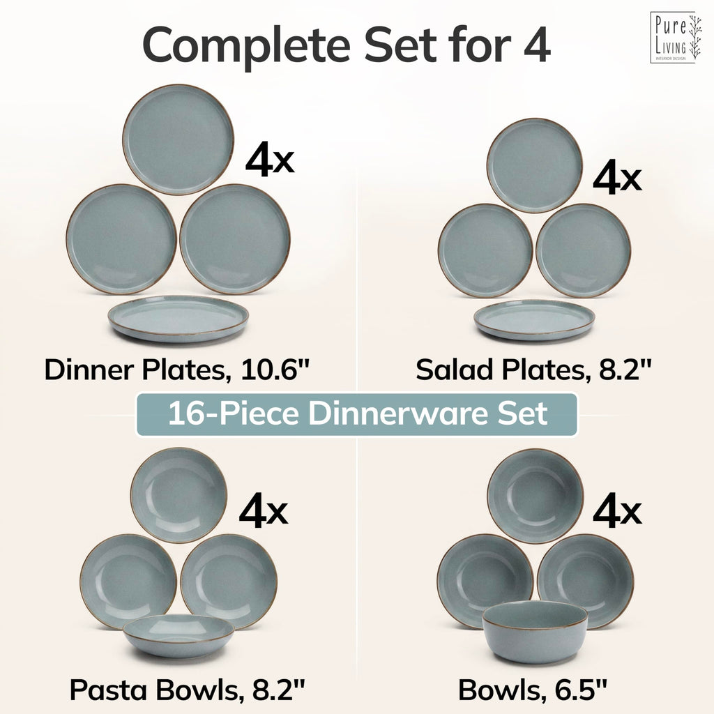 16 Piece Stoneware Dinnerware Set for 4 - Handmade Reactive Glaze Plates and Bowls Set - Chip & Scratch Resistant Dish Set - Dishwasher Microwave Safe - Rustic Smoke Blue