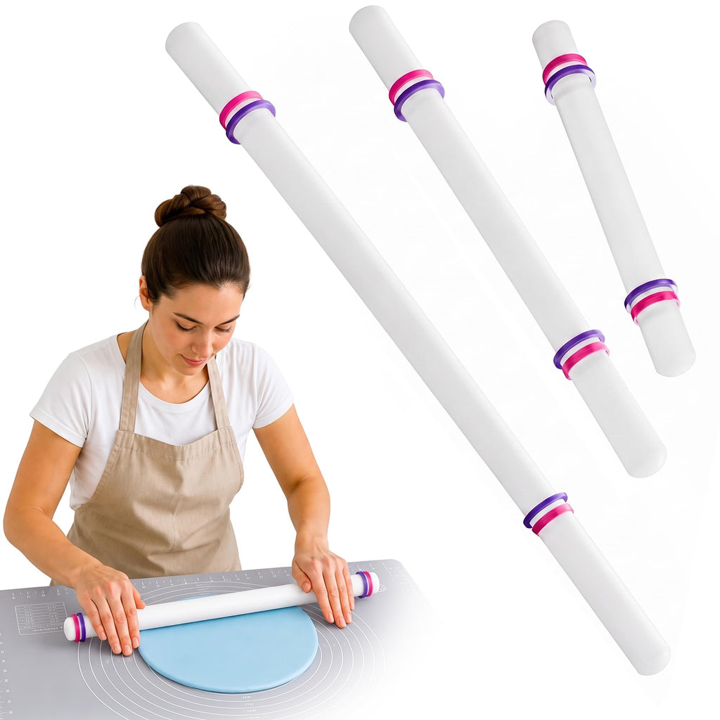 Bakerpan Fondant Roller Set - 3 Rolling Pins with Thickness Guide Rings