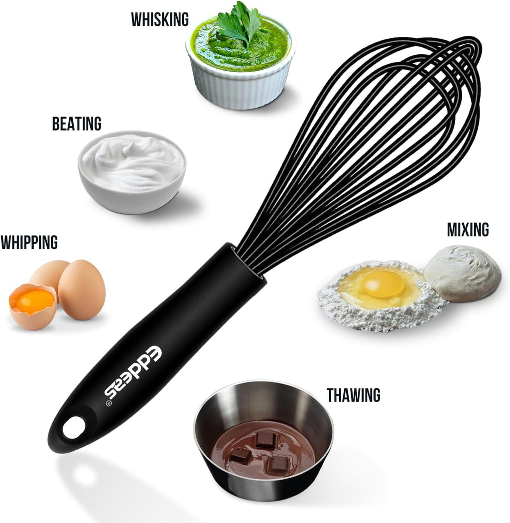 Eddeas Silicone Whisk - Non Scratch Whisks for Cooking, 500°F Heat Resistant Siliocne Wisk tool, Heavy Duty Kitchen Whisks, for Blending, Beating, set of 4 (5+7+9+11 inch) Black