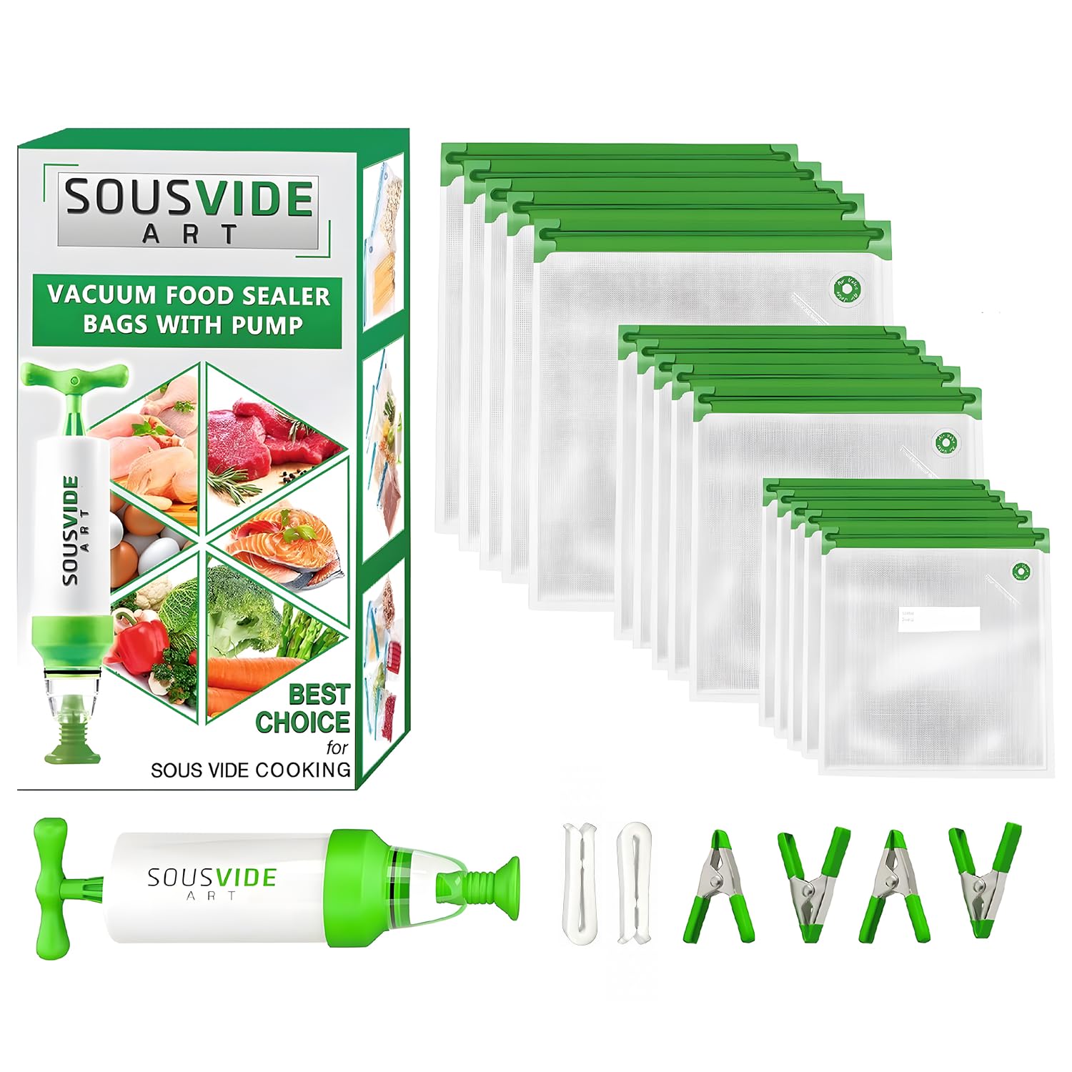 SOUSVIDE ART 37pcs Reusable Vacuum Seal Bags with Vacuum Sealer - 30 Cooking and Storage Bags of 3 Sizes with Pump and Sous Vide Cooker Accessories - Food Safe Kit, Keeps Food Fresh