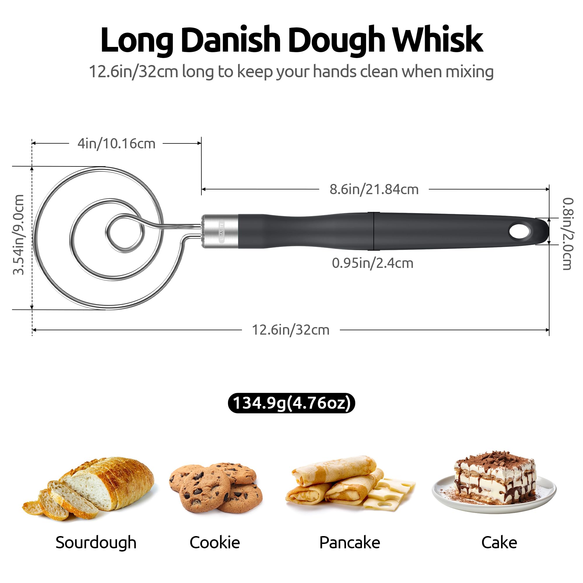 U-Taste Danish Dough Whisk 18/8 Stainless Steel Sourdough Mixer, Black