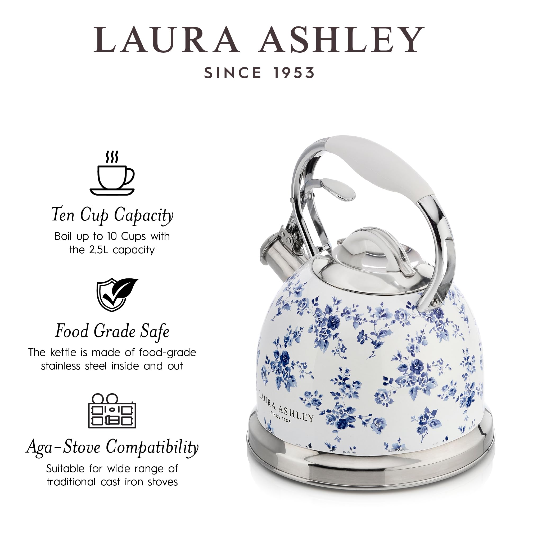 Laura Ashley China Rose Stovetop Kettle with Whistle - 2.5L Fast Boil Stainless Steel Kettle Stove Top - Silicon Coated Cool Handle Camping Kettle for Gas, Induction Hob - Compatible with Aga Stove