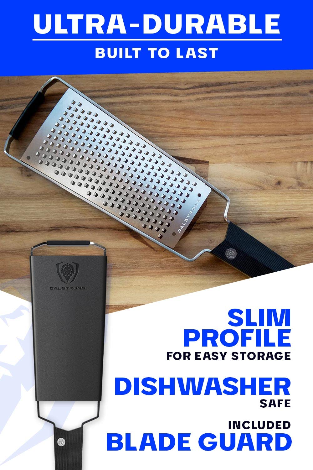 DALSTRONG Professional Wide Cheese Grater - Coarse - #304 Stainless Steel Blade - G10 Handle Kitchen Shredder - w/Blade Cover - Hard/Medium Cheese, Shallots, Garlic, Ginger - NSF Certified