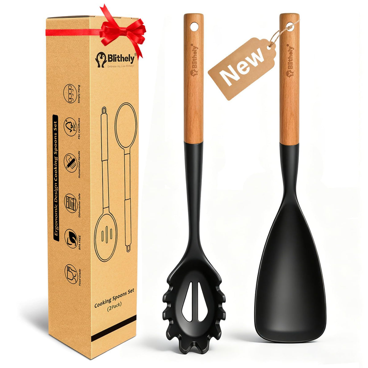 Silicone Cooking Spoon and Pasta Fork Set, 2 Pack Large Spatula Spoons Set with Wooden Handle, Nonstick Multifunction Spoon for Cooking, Serving, Mixing and Spaghetti (Black)