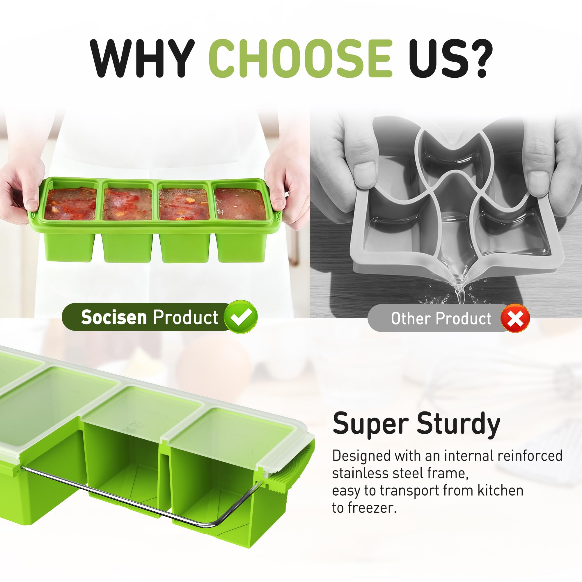 Silicone Freezer Tray with Lid Soup Freezer Container Molds with Steel Reinforced Rim Big Ice Cube Molds Pebble Ice Tray Soup Cubes Baking Dish Freezer Safe Food Storage Containers Kitchen Gadgets