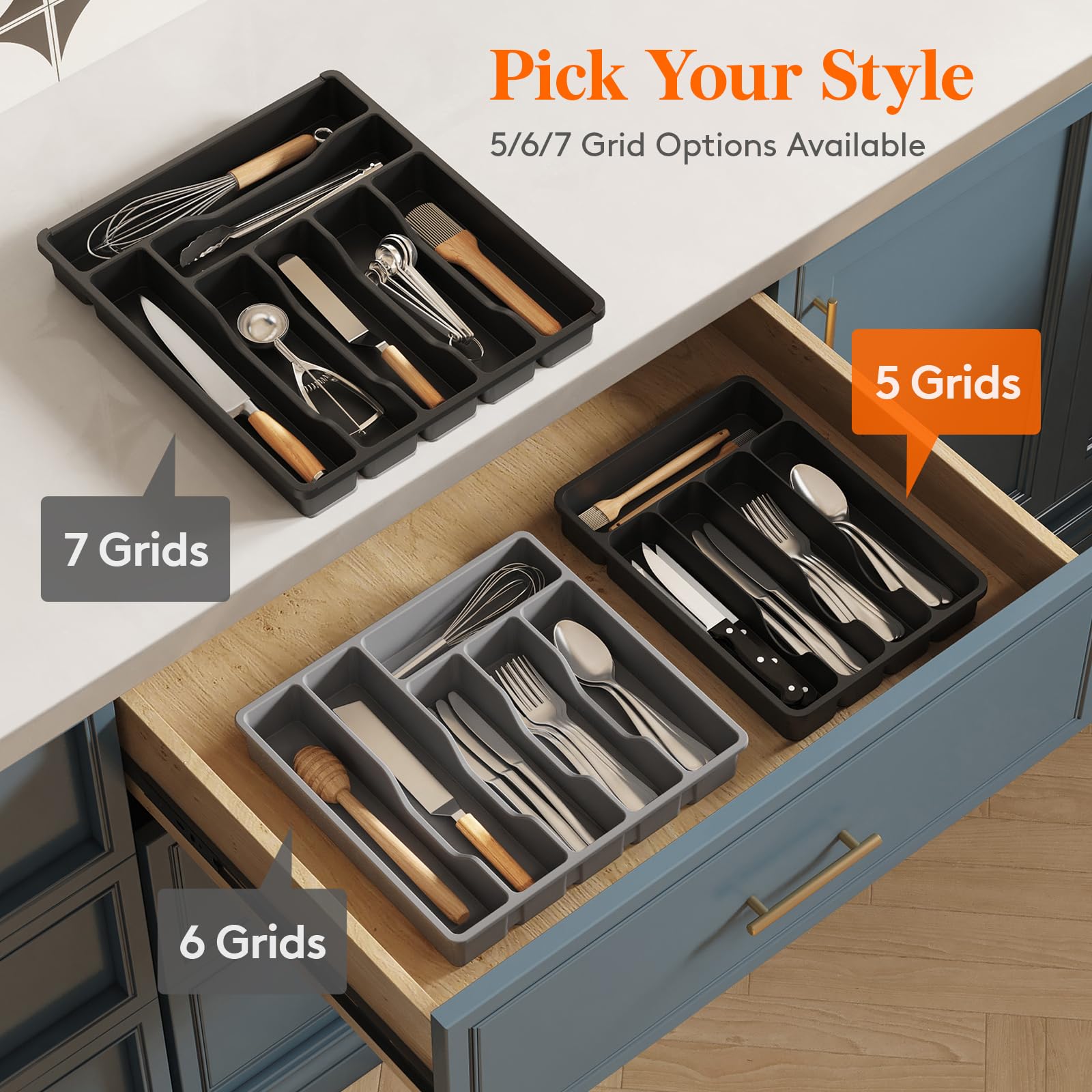 Lifewit Silverware Drawer Organizer Tray, Plastic Cutlery Storage for Kitchen, Flatware and Utensil Holder Divider for Spoons Forks Knives Tableware, 9.1 x 12.6", 5 Slots, Black