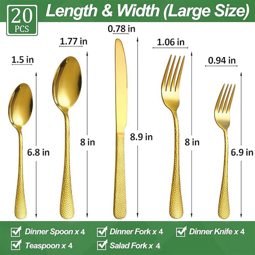 20 Pcs Gold Silverware Set for 4, Food Grade Stainless Steel Flatware Set, Eating Utensils Sets Include Fork/Knife/Spoon, Reusable Cutlery Set for Home Kitchen, Dishwasher Safe, Wave Hammered