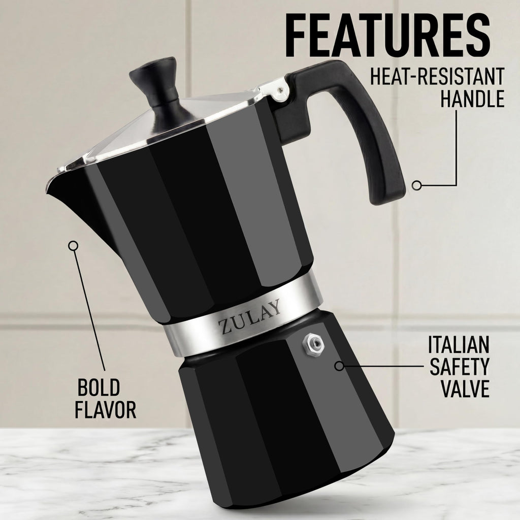 Zulay Moka Pot Espresso Stovetop Coffee Maker - Leak-Proof, Stainless Steel, Easy to Clean, Heat Resistant Handle & Knob - for Authentic Cuban & Italian Style Espresso - Makes 9 Espresso Cups - Black