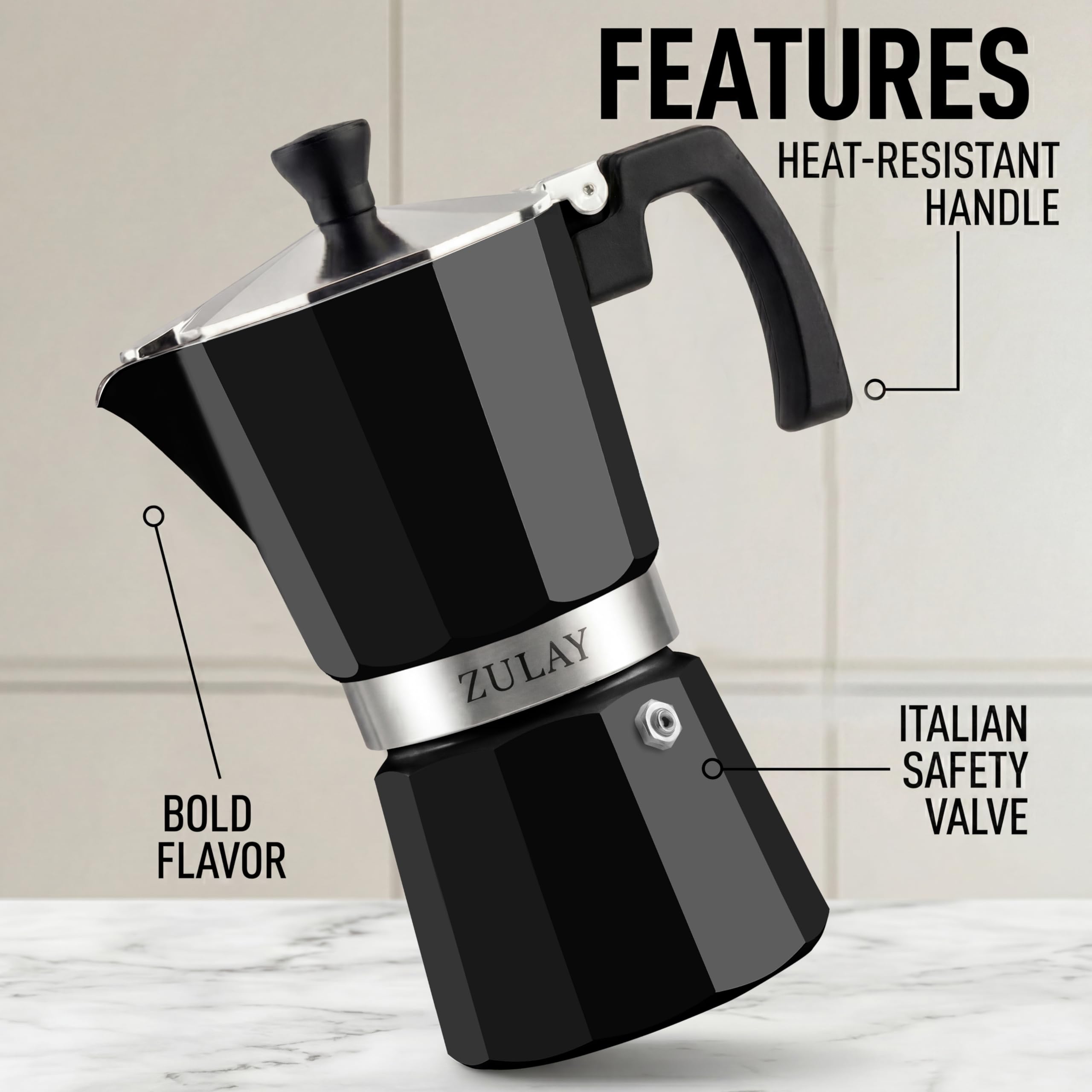 Zulay Moka Pot Espresso Stovetop Coffee Maker - Leak-Proof, Stainless Steel, Easy to Clean, Heat Resistant Handle & Knob - for Authentic Cuban & Italian Style Espresso - Makes 9 Espresso Cups - Black