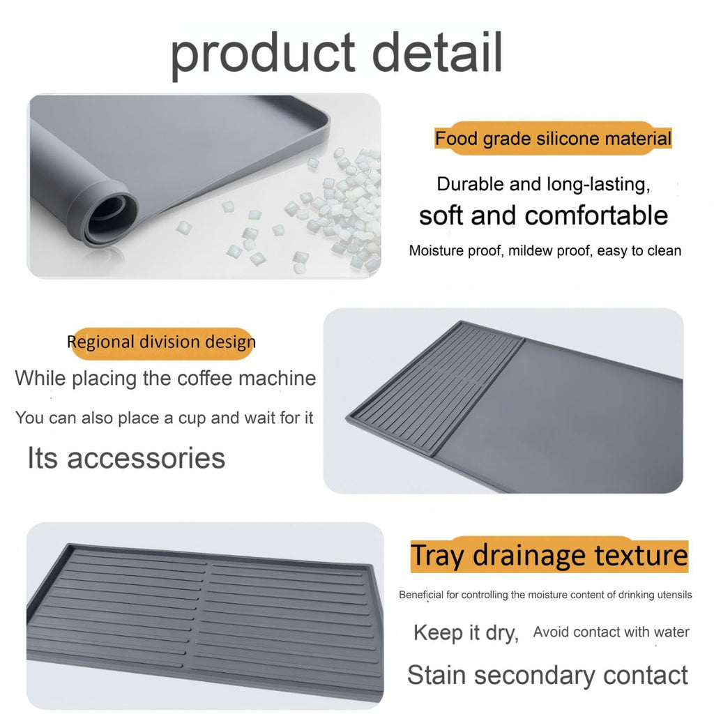 Seoodn Silicone Coffee Mat, 24''x16' with Removable Dry Drying Pad - Fits Coffee Maker and Kitchen Station Mat Accessories, Under Dish Handle; black