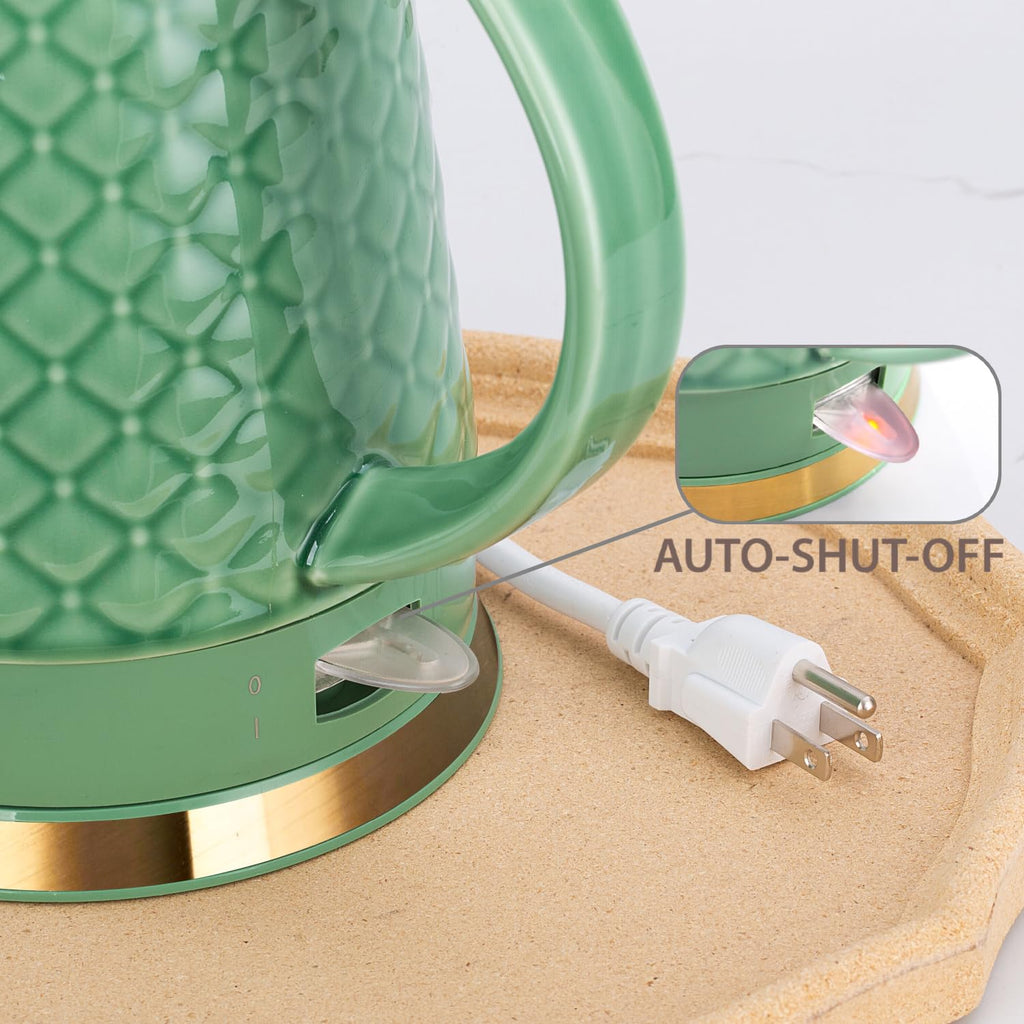 LONGSEED Ceramic Electric Kettle, 1.5L/1200W Boil Water Quickly and Easily with Boil-Dry Protection Auto Shut Off, Detachable Swivel Base, Green Relief Carving