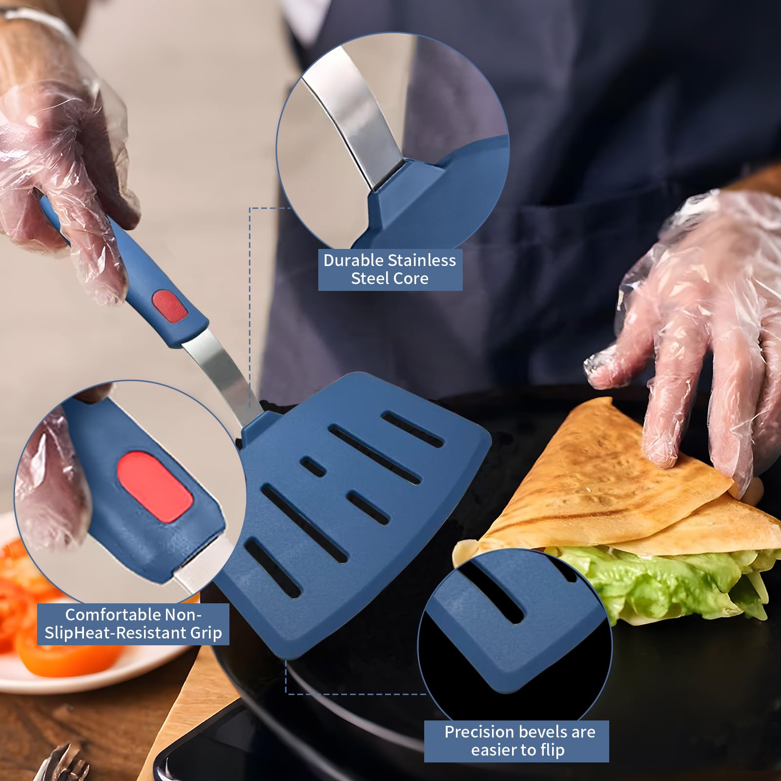 Contiup Silicone Spatula Turner, High Heat Resistant Rubber Baking Spatula, Non-Stick Slotted Wide Fish Slice Spatulas for Cooking, Large Kitchen Utensil for Pancake Omelette Egg - Hazy Blue