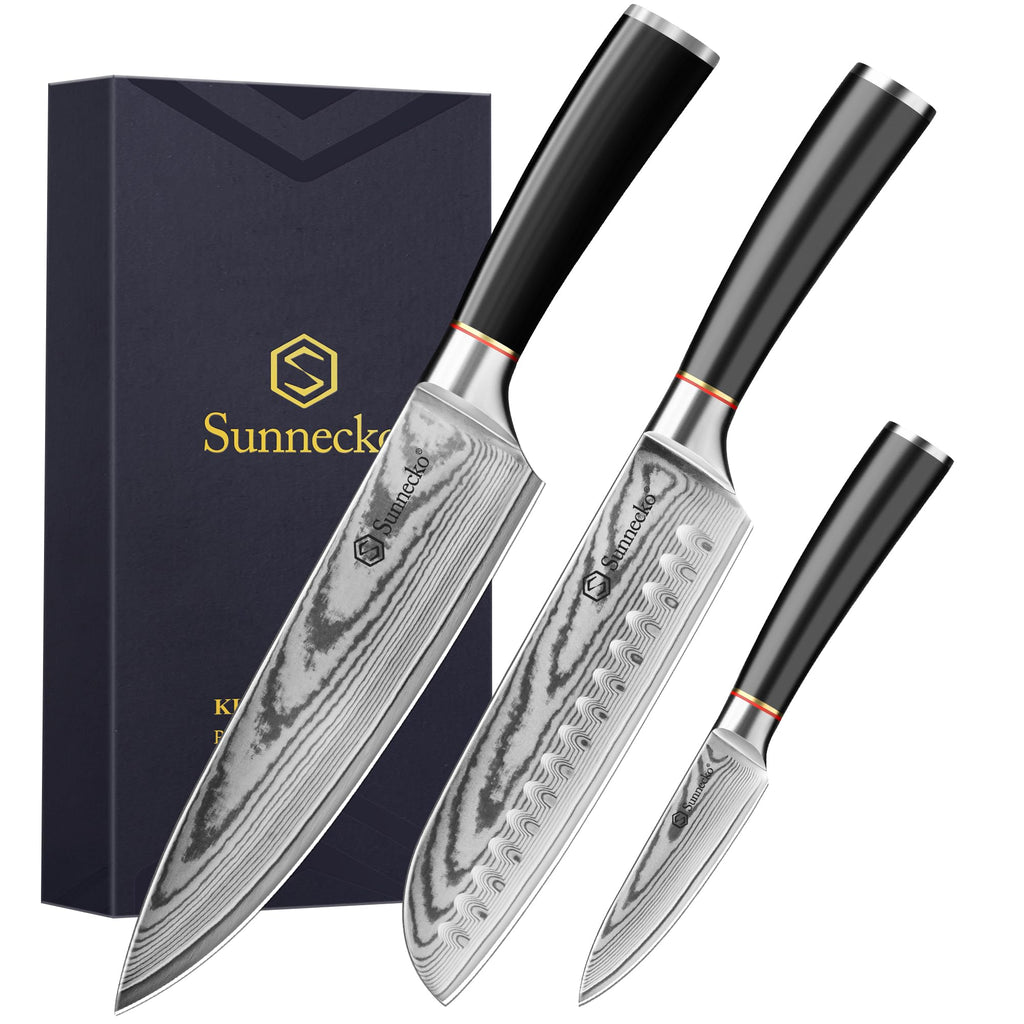 Sunnecko Damascus Knives Set,Japanese VG10 Core Steel Damascus 3PCS Chef Knife Set,Professional Razor Sharp Kitchen Knives Set with Knife Sharpner