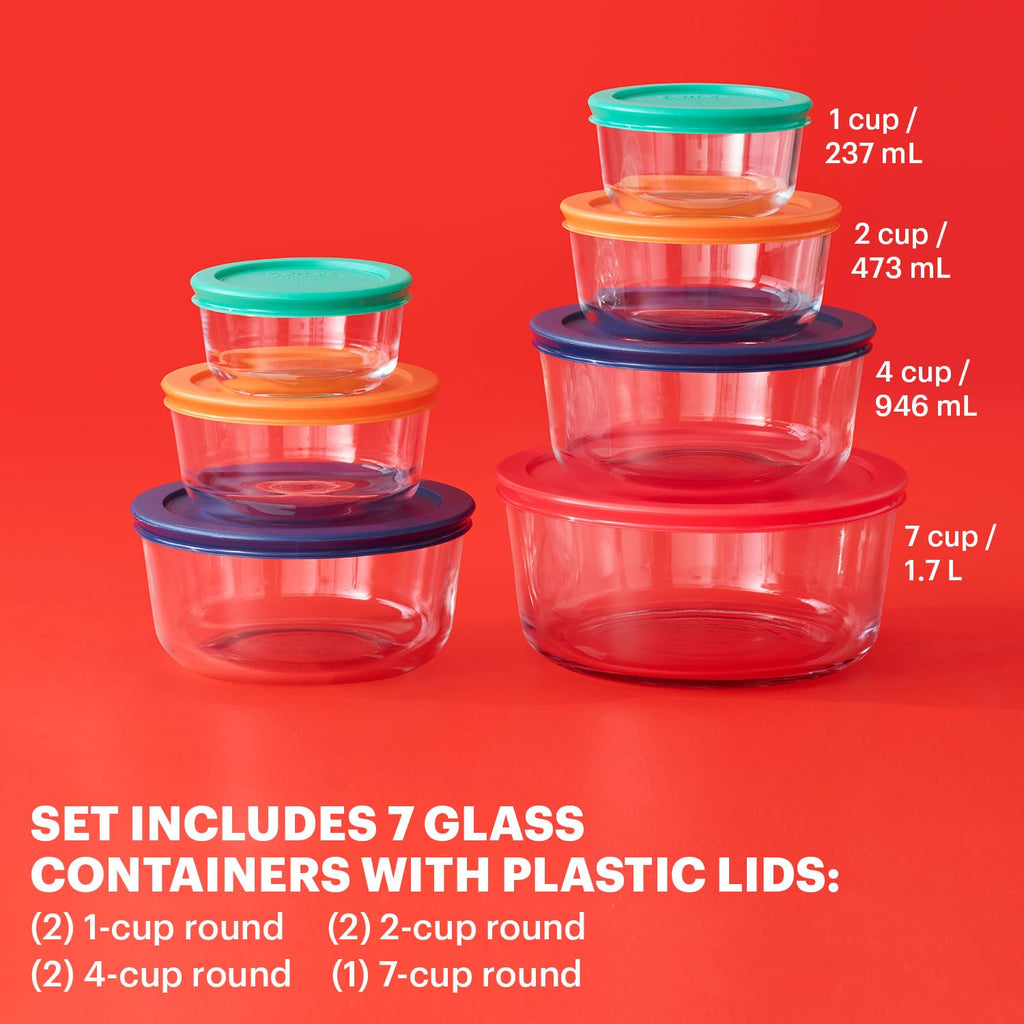 Pyrex Simply Store (7-Pack) Glass Food Storage Containers Set, (1, 2, 4 & 7 Cup) Meal Prep Containers With Plastic BPA-Free Lids, Dishwasher & Microwave Safe