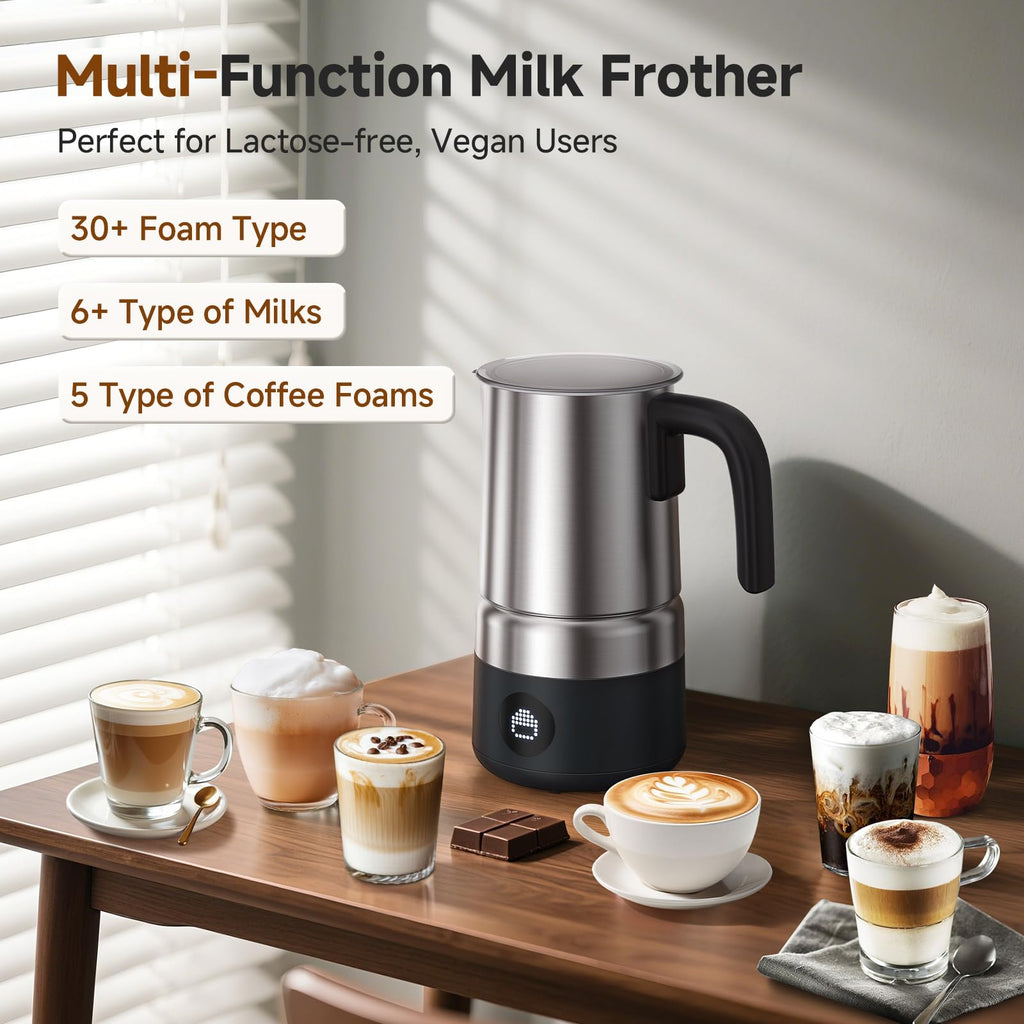AMZCHEF Electric Milk Frother and Steamer, 600W Hot and Cold Foam Maker, 8 Modes, One-Button Control, 17oz Milk Warmer for Coffee, Lattes, Cappuccinos, Macchiatos, Detachable Stainless Steel Pitcher