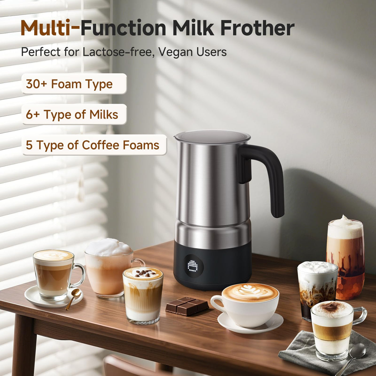 AMZCHEF Electric Milk Frother and Steamer, 600W Hot and Cold Foam Maker, 8 Modes, One-Button Control, 17oz Milk Warmer for Coffee, Lattes, Cappuccinos, Macchiatos, Detachable Stainless Steel Pitcher