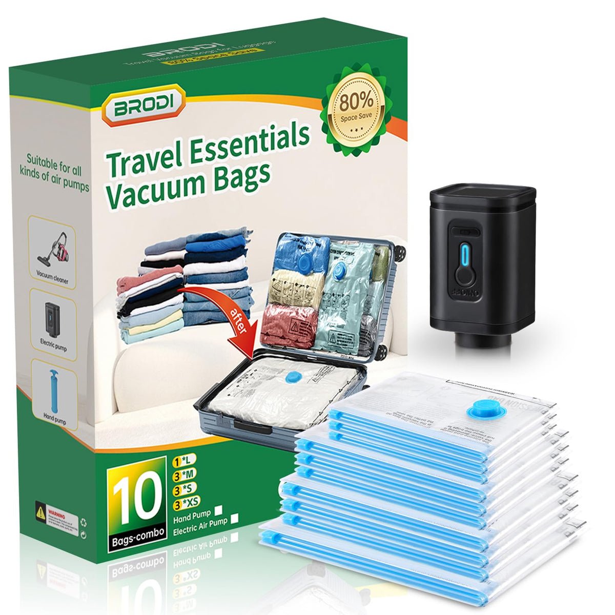 BRODI 18 Combo Pack Travel Vacuum Bags with Pump - Space Saver & Travel Essentials, Clothing & Luggage Vacuum Seal Bags