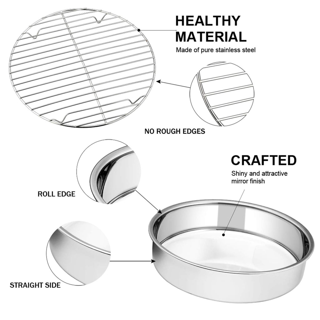 E-far 9½-inch Cake Pan with Rack Set, Stainless Steel Round Cake Pans and Baking Cooling Racks, Non Toxic & Healthy, Mirror Polished & Dishwasher Safe - 4 Pieces (2 Pans + 2 Racks)