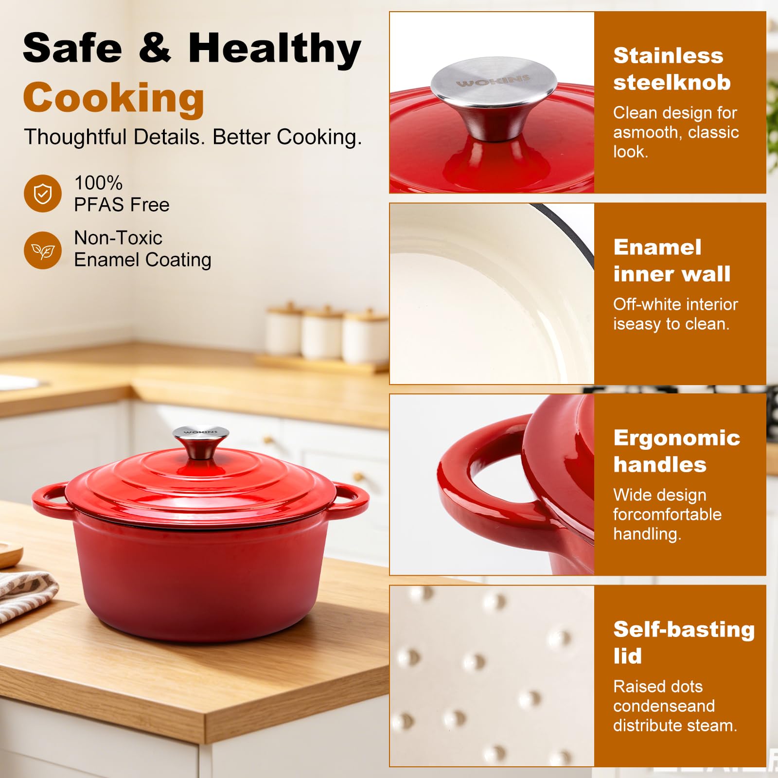 WOKINS 4-QT Enameled Cast Iron Round Dutch Oven With Lid,Oven safe,Red