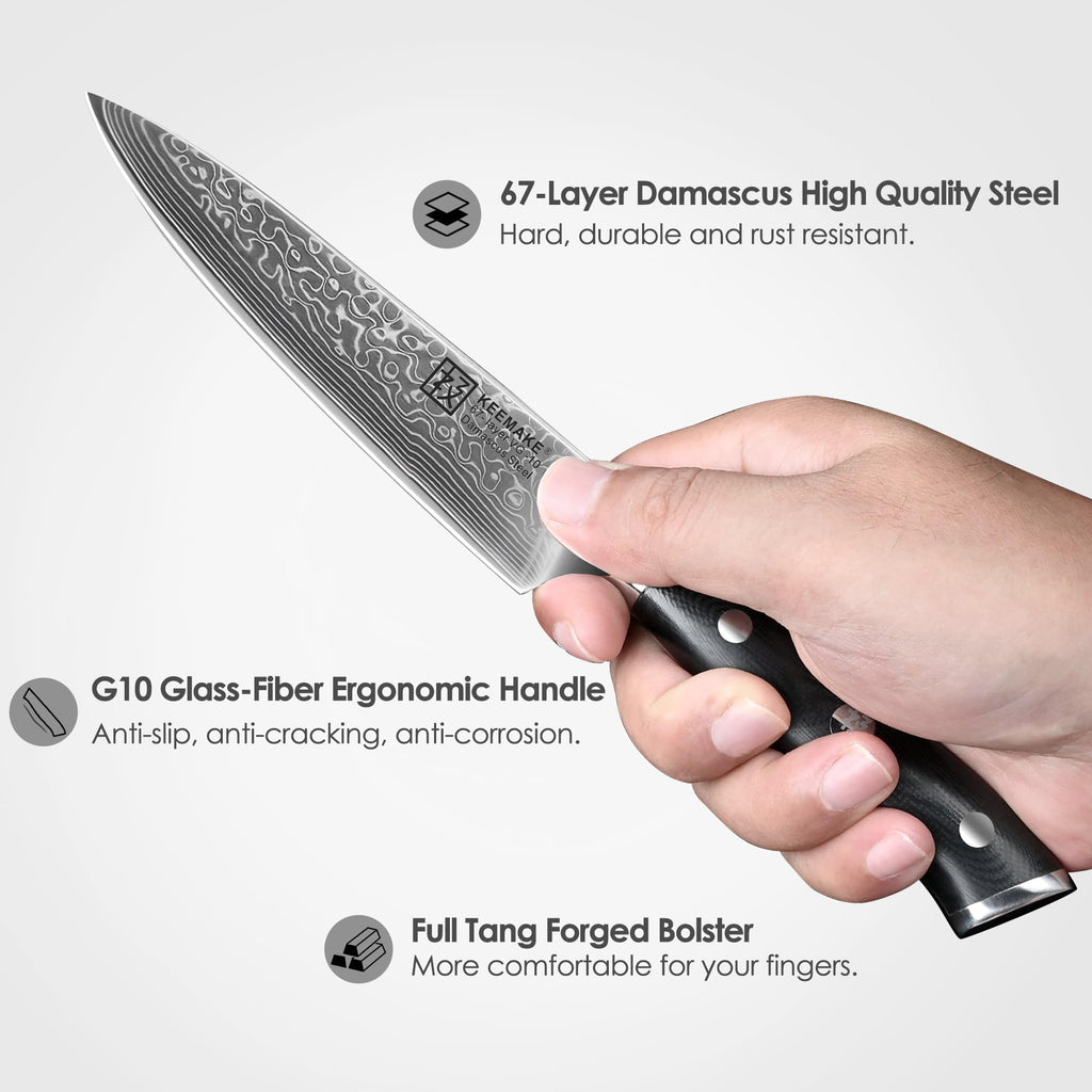 KEEMAKE Paring Knife, 5 Inch 67-Layer Damascus Steel Fruit Knife with Ergonomic G10 Handle, Multipurpose Kitchen Knife for Fruit and Vegetable Cutting