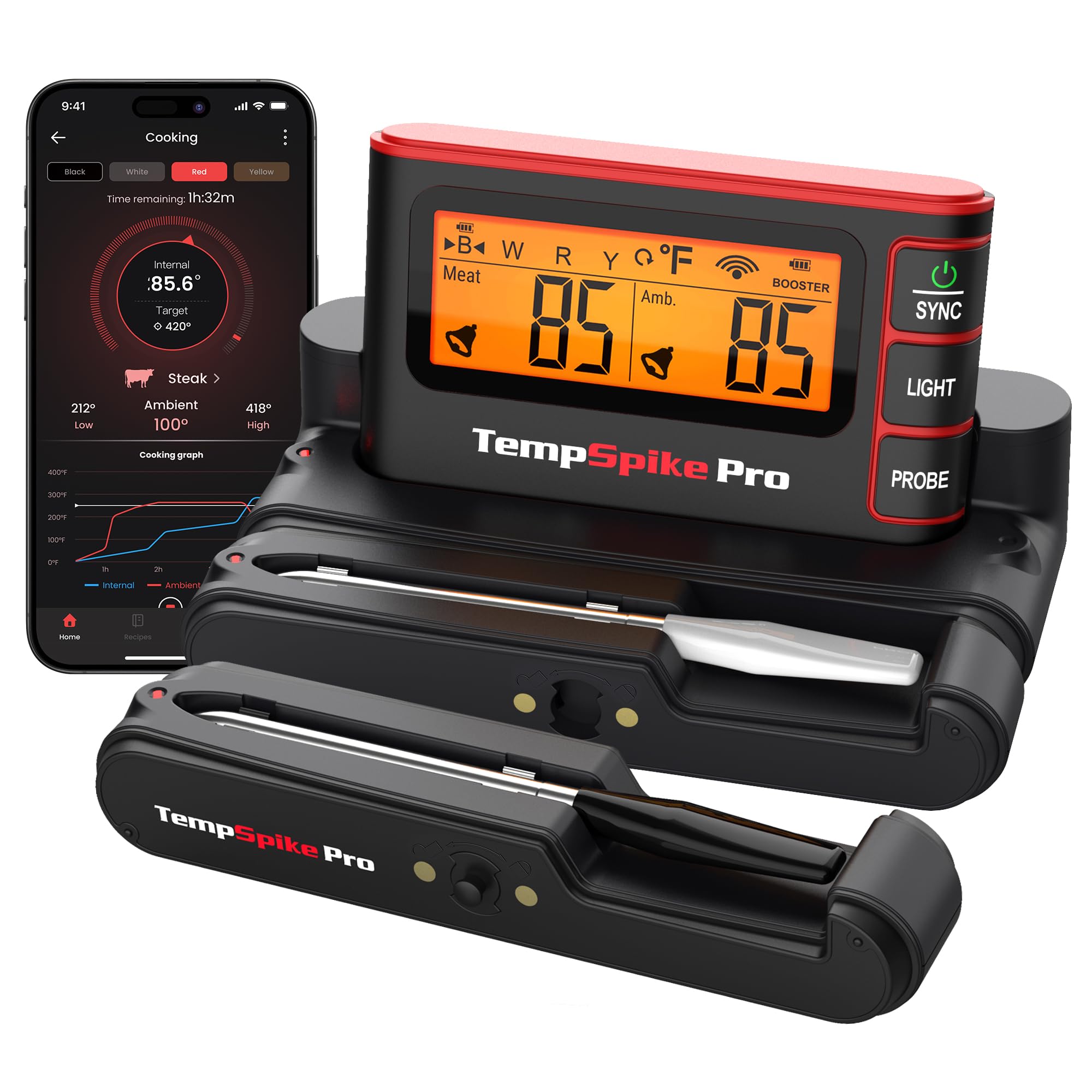 TempSpike Wireless Meat Thermometer Digital with App, WiFi & Bluetooth BBQ Grill Thermometer with High Precision, Waterproof & Heat-Resistant Probes, Rechargeable Base with Display for BBQ Smoker Oven
