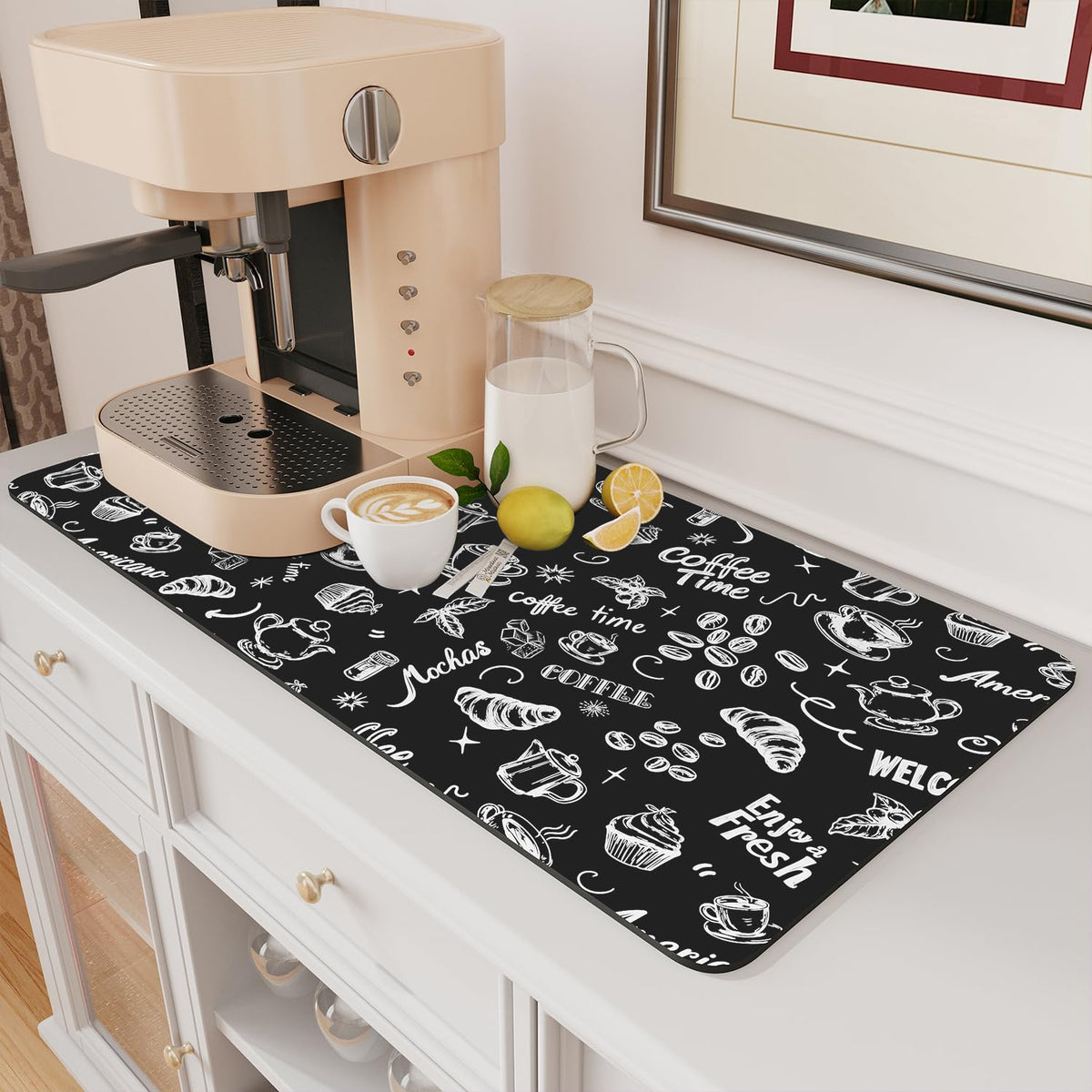 AMOAMI Coffee Mat Hide Stain Rubber Backed Absorbent Dish Drying Mat for Kitchen Counter - Fits Under Coffee Maker - KHAKI 16X24