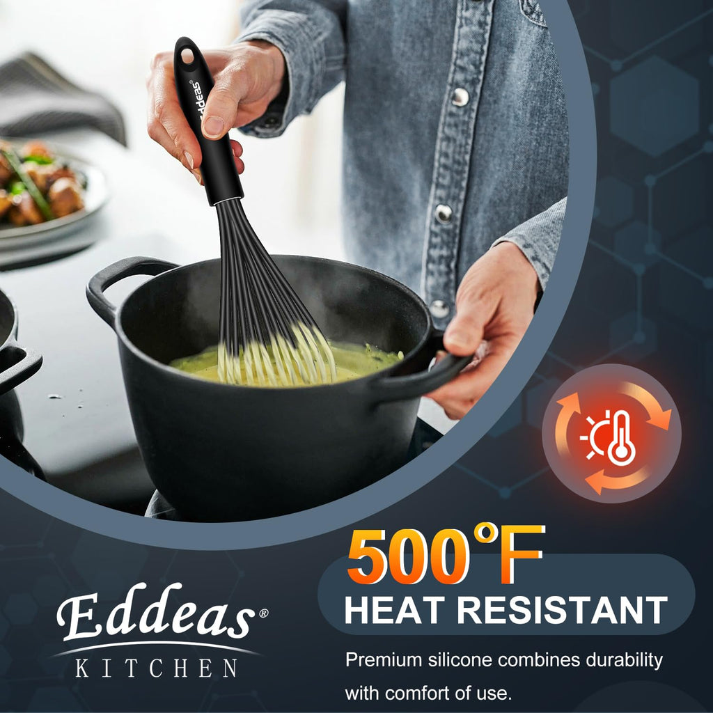 Eddeas Silicone Whisk - Non Scratch Whisks for Cooking, 500°F Heat Resistant Siliocne Wisk tool, Heavy Duty Kitchen Whisks, for Blending, Beating, set of 4 (5+7+9+11 inch) Black
