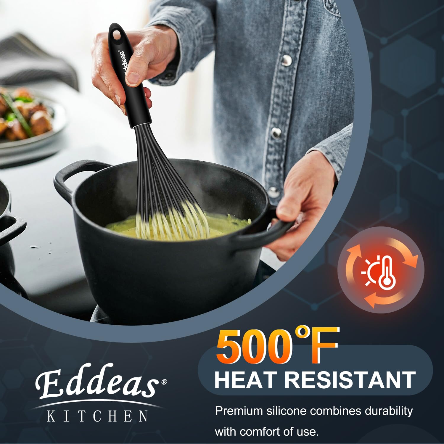 Eddeas Silicone Whisk - Non Scratch Whisks for Cooking, 500°F Heat Resistant Siliocne Wisk tool, Heavy Duty Kitchen Whisks, for Blending, Beating, set of 4 (5+7+9+11 inch) Black