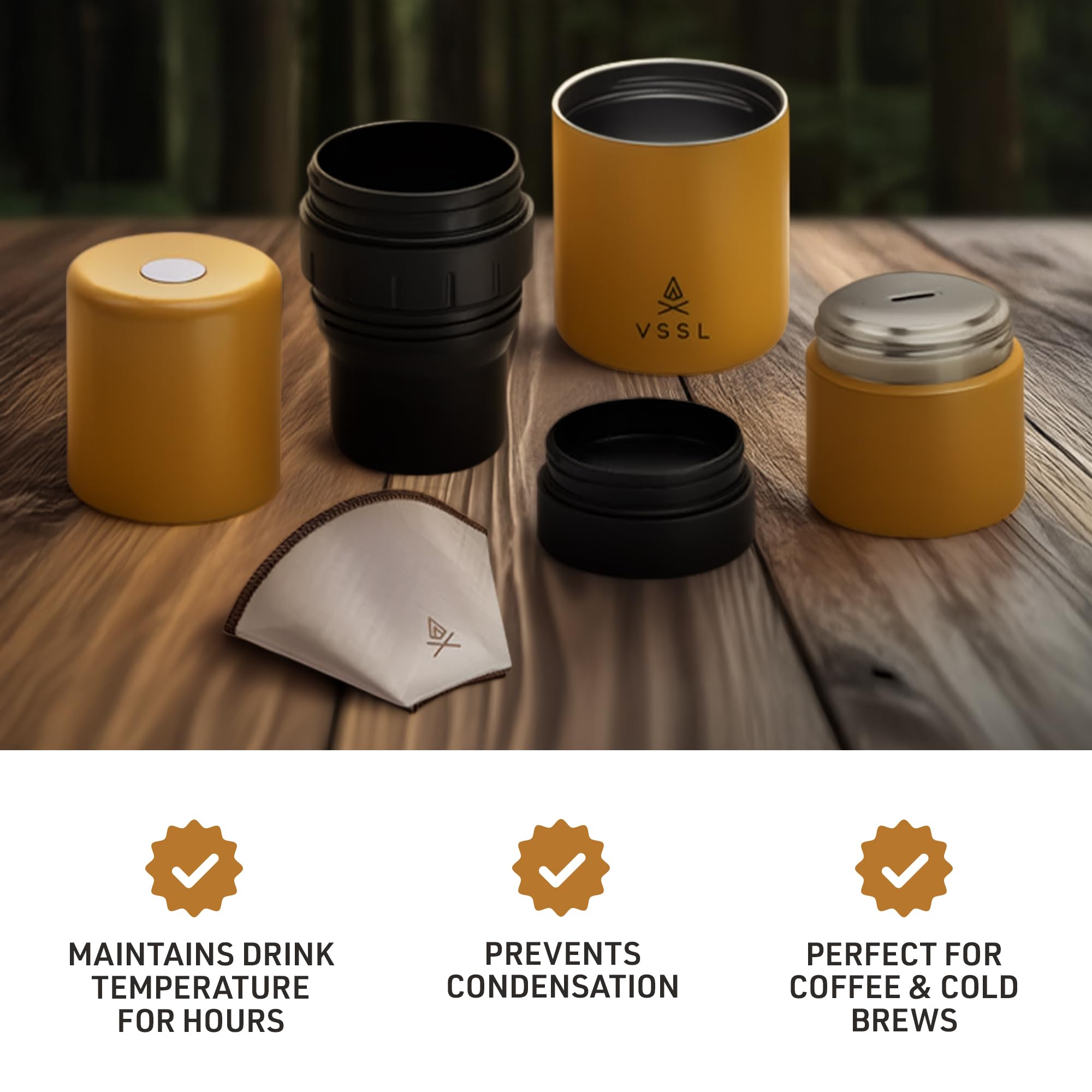 VSSL - Nest Pour Over Coffee Kit | Coffee Maker for Camping | All-In-One Travel Pour Over | Transportable Dripper, Two 10oz Stainless Steel Travel Mugs | Compact Storage & Adventure Ready | Sahara