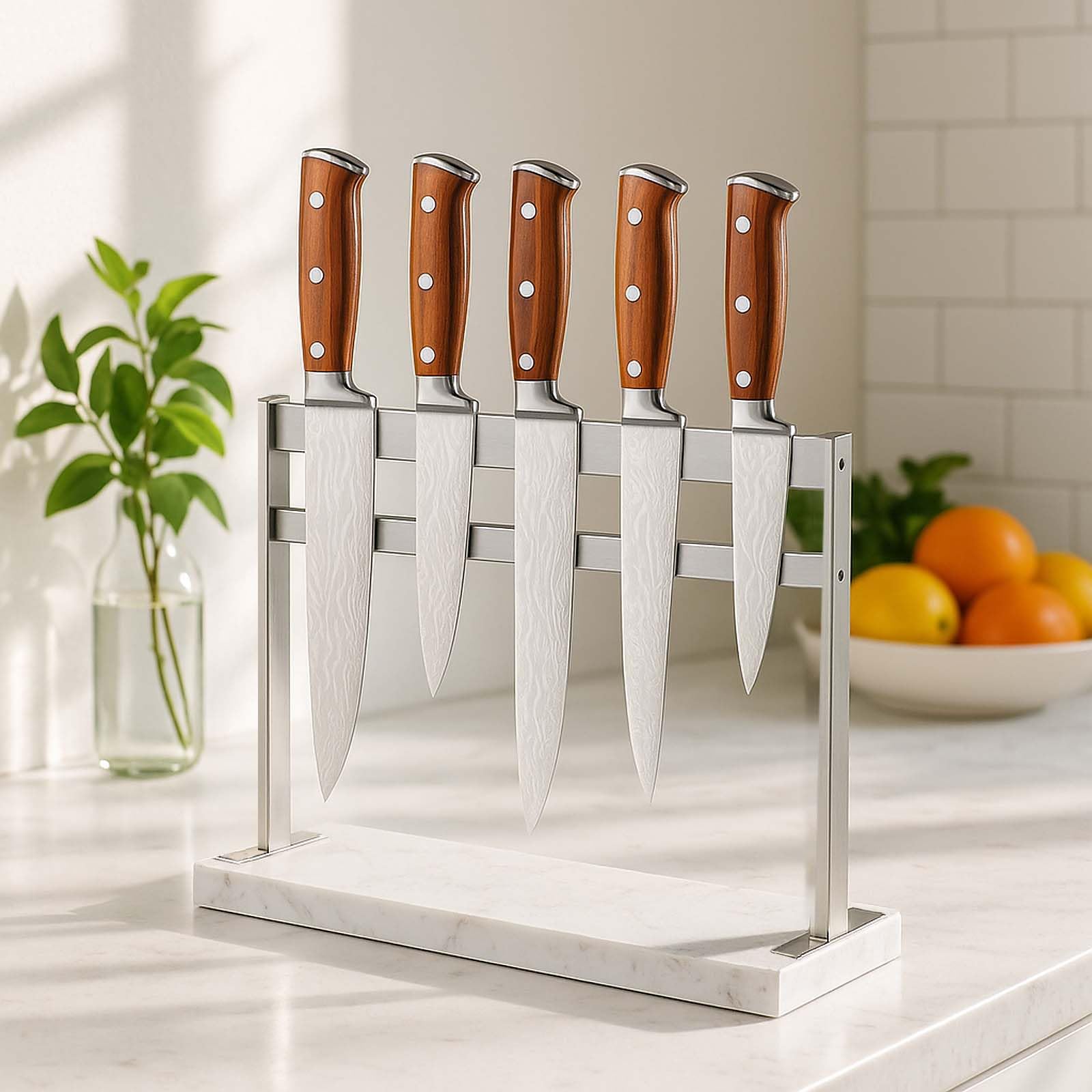 HomeSimplex Magnetic Knife Block Stand - Marble Base Magnetic Knife Holder for Counter Top - Double Sided Knife Block without Knives - Stainless Steel Magnetic Kitchen knife holder - White