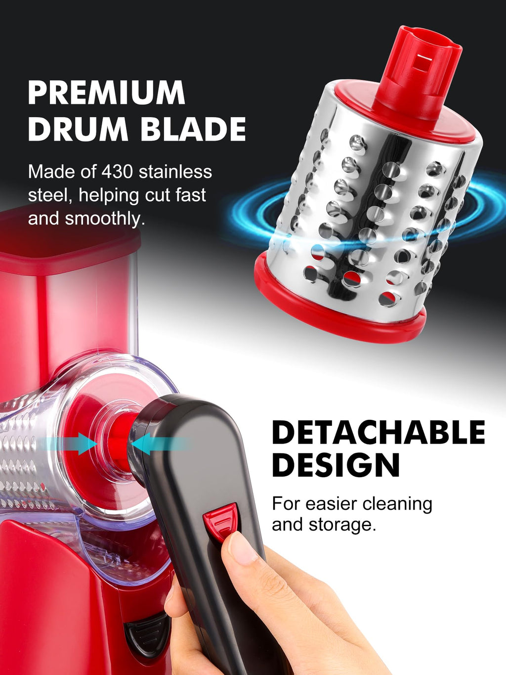 LucGee Rotary Cheese Grater with Handle - 3 in 1 Cheese Shredder Rotary Grater Stainless Steel Handheld, Vegetable Slicer for Fruit, Cheese, Nuts(Red)