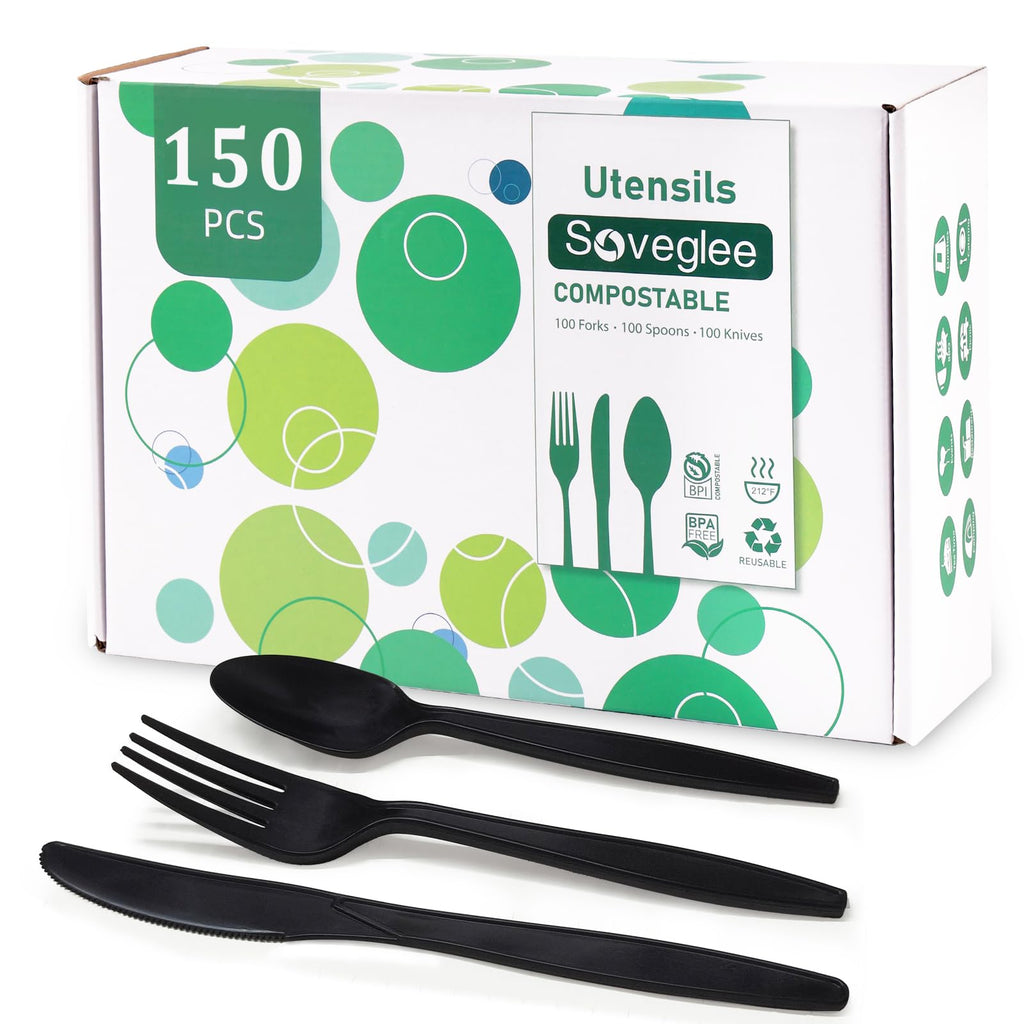 300 Piece Black Compostable Silverware Set, Heavy Duty Disposable Cutlery with 120 Forks, 120 Spoons & 60 Knives, Plant-Based Eco-Friendly Utensils with Storage Box for Wedding, Party, BBQ & Catering